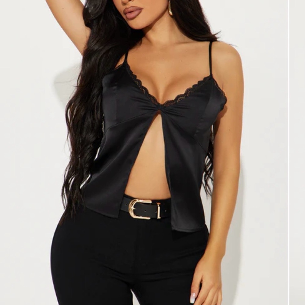 Fashion Nova Black Satin Lace Tank Top